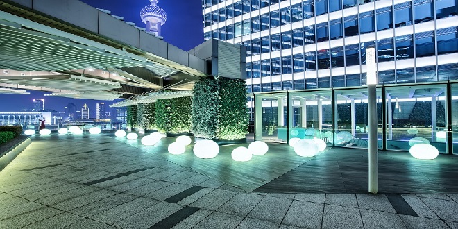 Illuminated building exterior and footpath