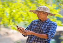 Farmer Asian with smartphone and laptop,Business and technology concept