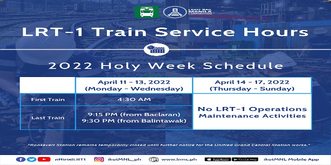 LRMC releases LRT-1 train schedule for 2022 Holy Week_1