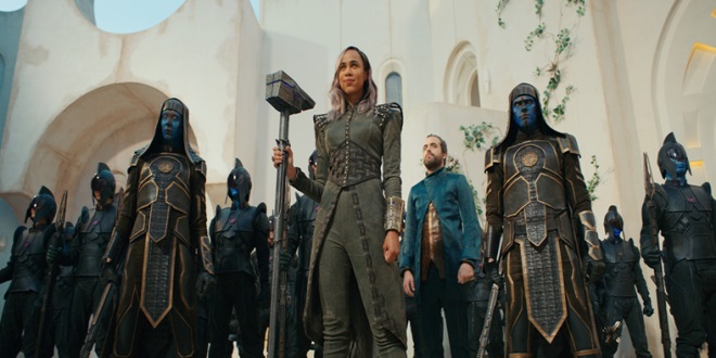 6-Center, L-R-- Zawe Ashton as Dar-Benn and Daniel Ings as Ty-Rone in Marvel Studios' THE MARVELS. Photo courtesy of Marvel Studios. 2023 MARVEL.