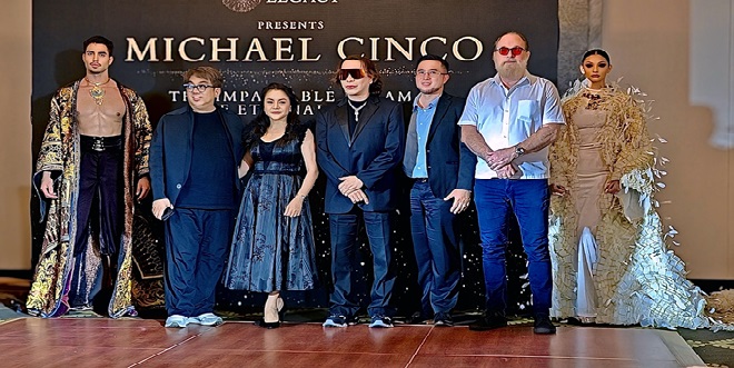 Michael Cinco (fourth from left) and his two models with executives of The Philippine Legacy Albert Andrada, Judith Tan, Archie Tan and Charles Pontier (1)