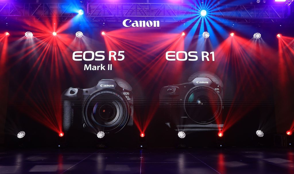 The EOS R5 Mark II on the right and EOS R1 on the left
